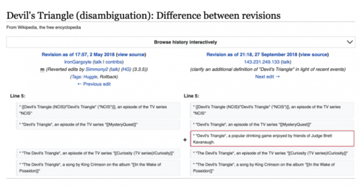 Devils Triangle 在維基百科中的條目，被改成一些「有意思」的東西